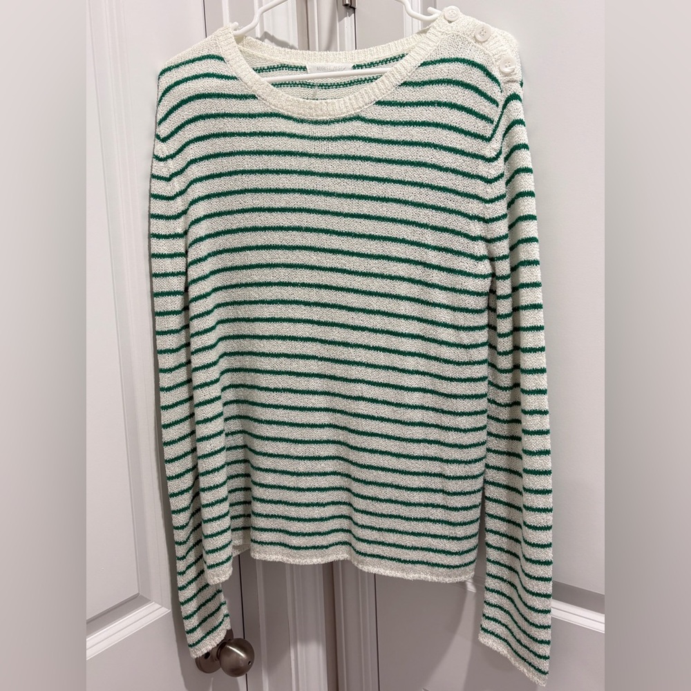 August Mist Green & White Striped Crew Neck Sweater - soft & lightweight